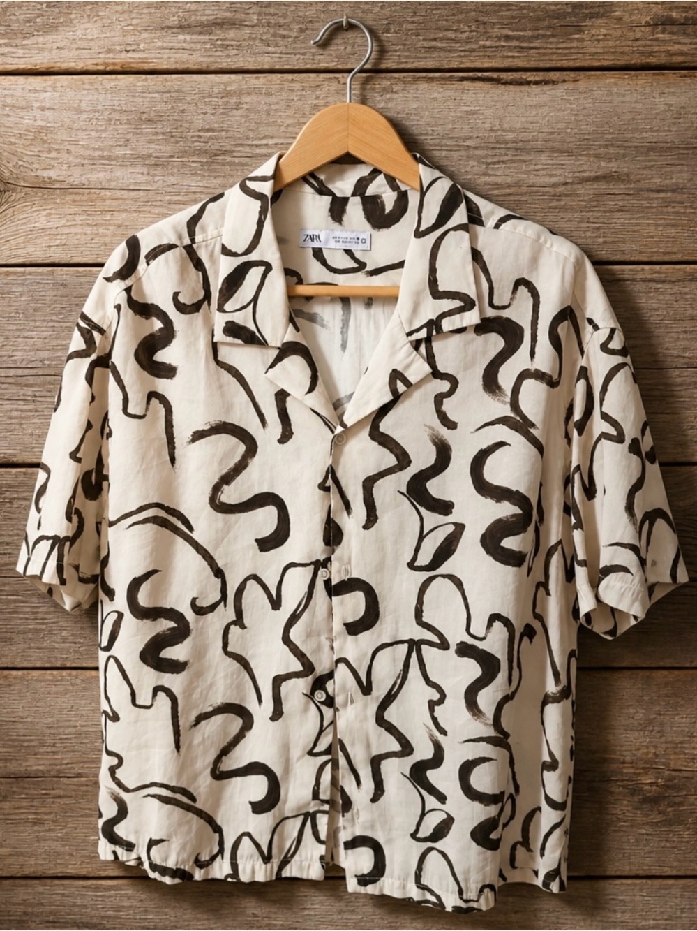 Zara Cream Short-Sleeve Button-Up Shirt with Black Abstract Print